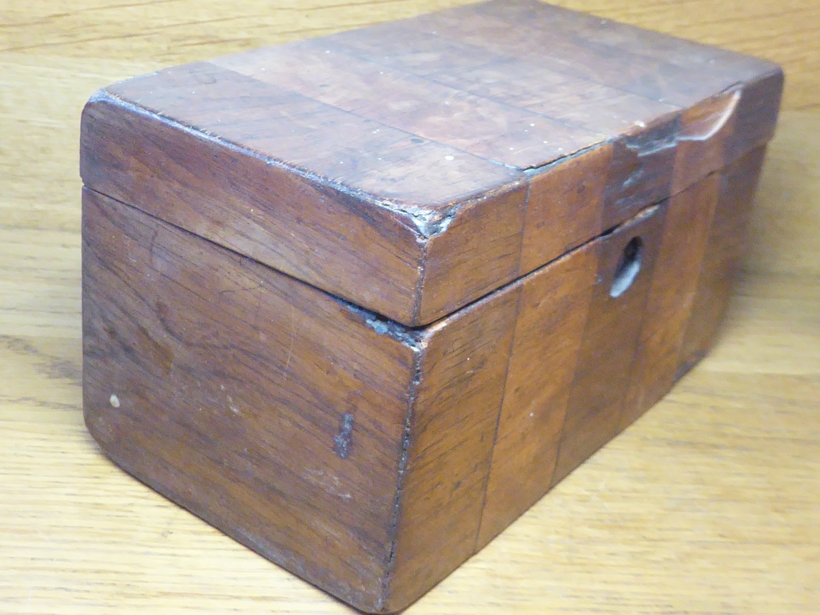 Antique Tea Caddy . Rectangular box with striped blocks of Veneer.2 compartments