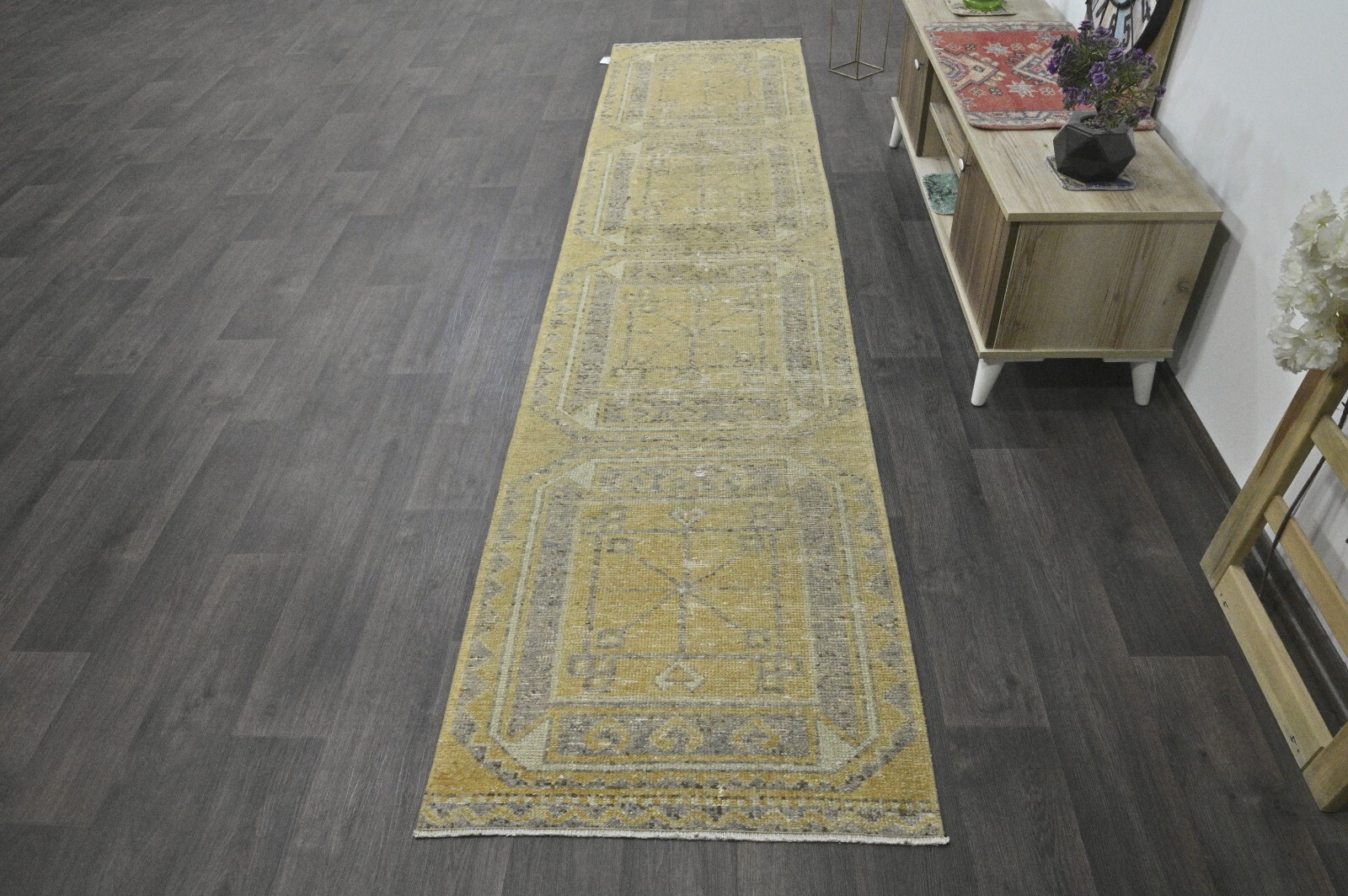 Vintage Turkish Runner Rug 2x11ft YELLOW Handmade Anatolian Oushak Hallway Wool