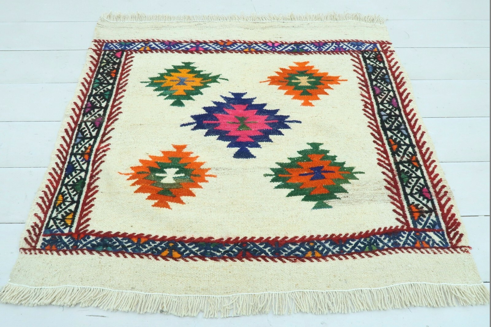 Turkish Kilim Wool Rug, Handmade Carpet, Bedroom Rug, Boho Home DecorRug 34″X31″