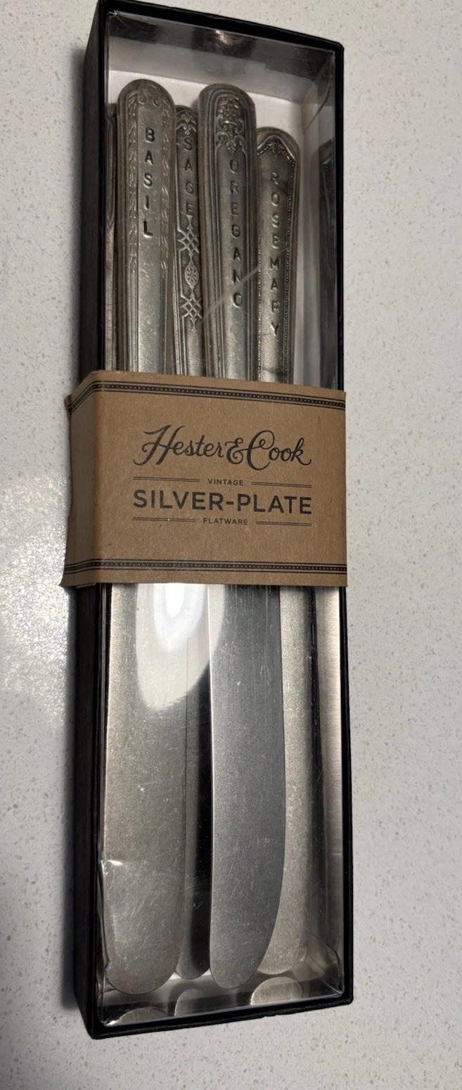 Set of 5 Hester & Cook Vintage Silver-Plate Flatware Herb Knives. Etched