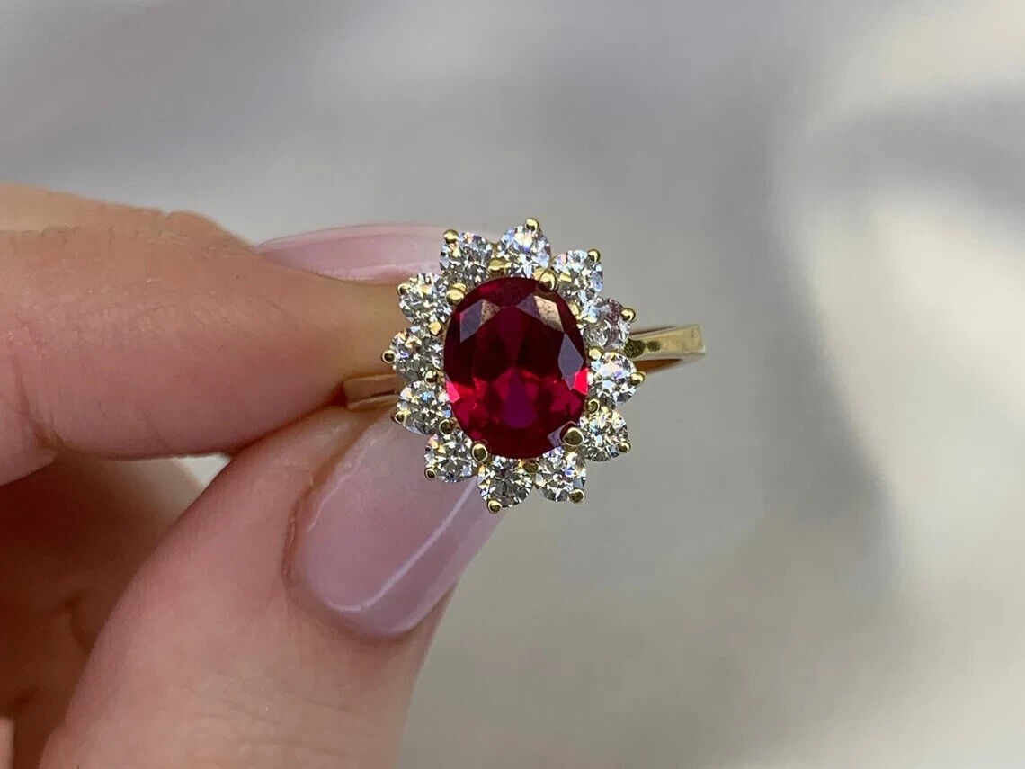 3.40 Ct Oval Cut Natural Ruby And Diamond Ring 14K Yellow Gold Size 8