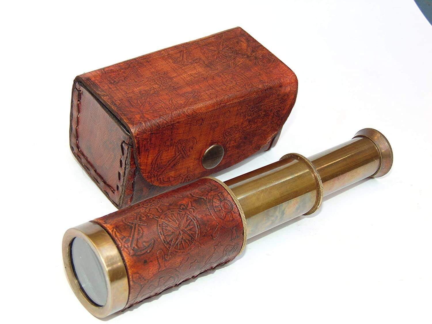 Antique Brass Telescope Antique Hand Held Pocket Spyglass with Leather Box