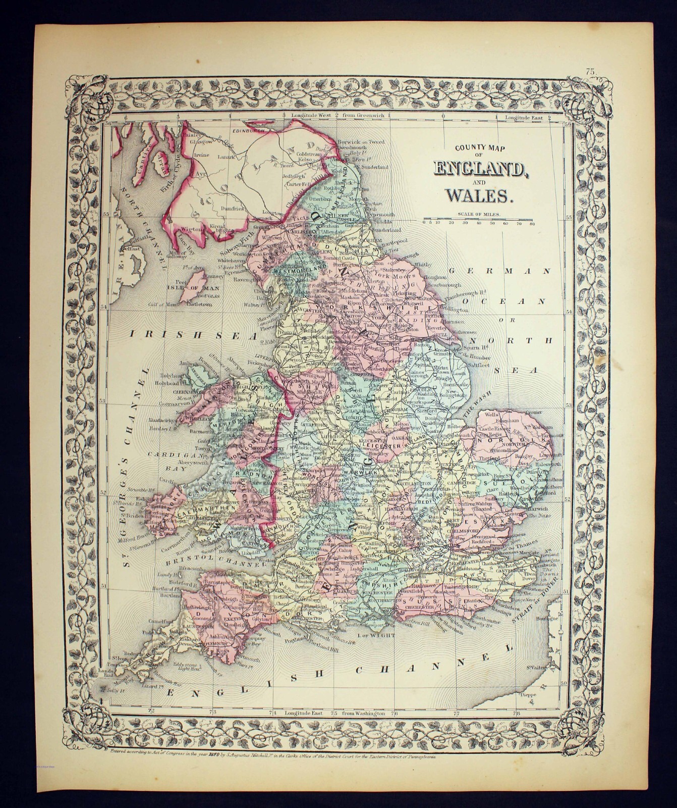 Antique 1870 Color Map England and Wales County Map Mitchell
