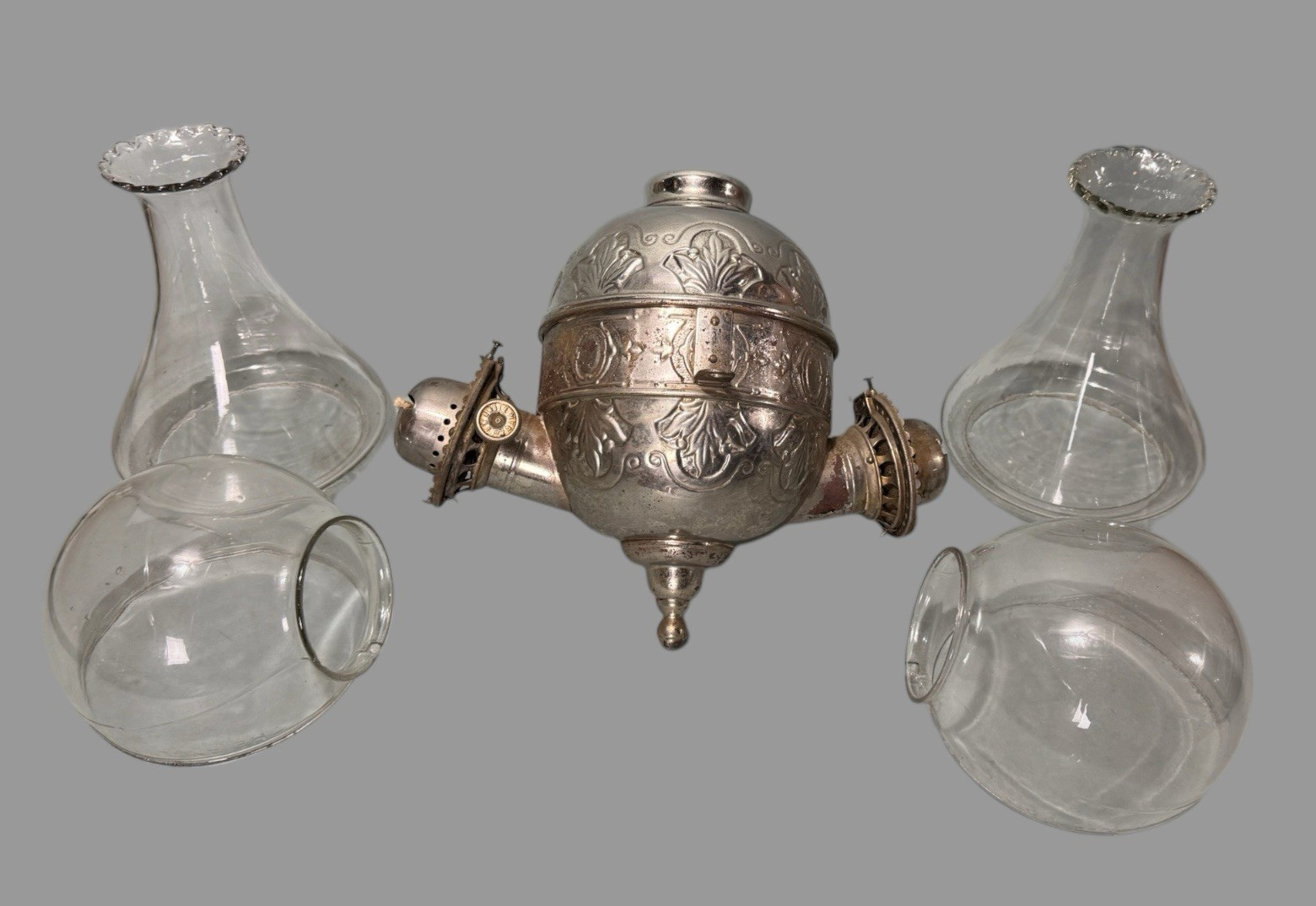 Antique Victorian Double Angle Hanging Oil Lamp Embossed Metal Font Glass Shades