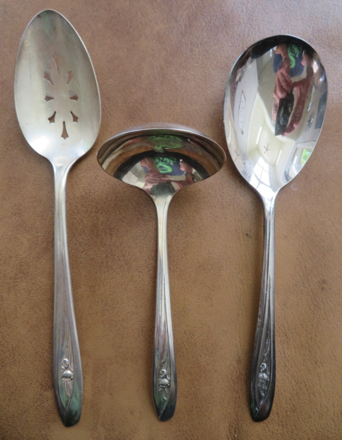 Vintage Lot of 3 IS Silver Tulip Flatware Ladle, Serving Spoon & Slotted Spoon