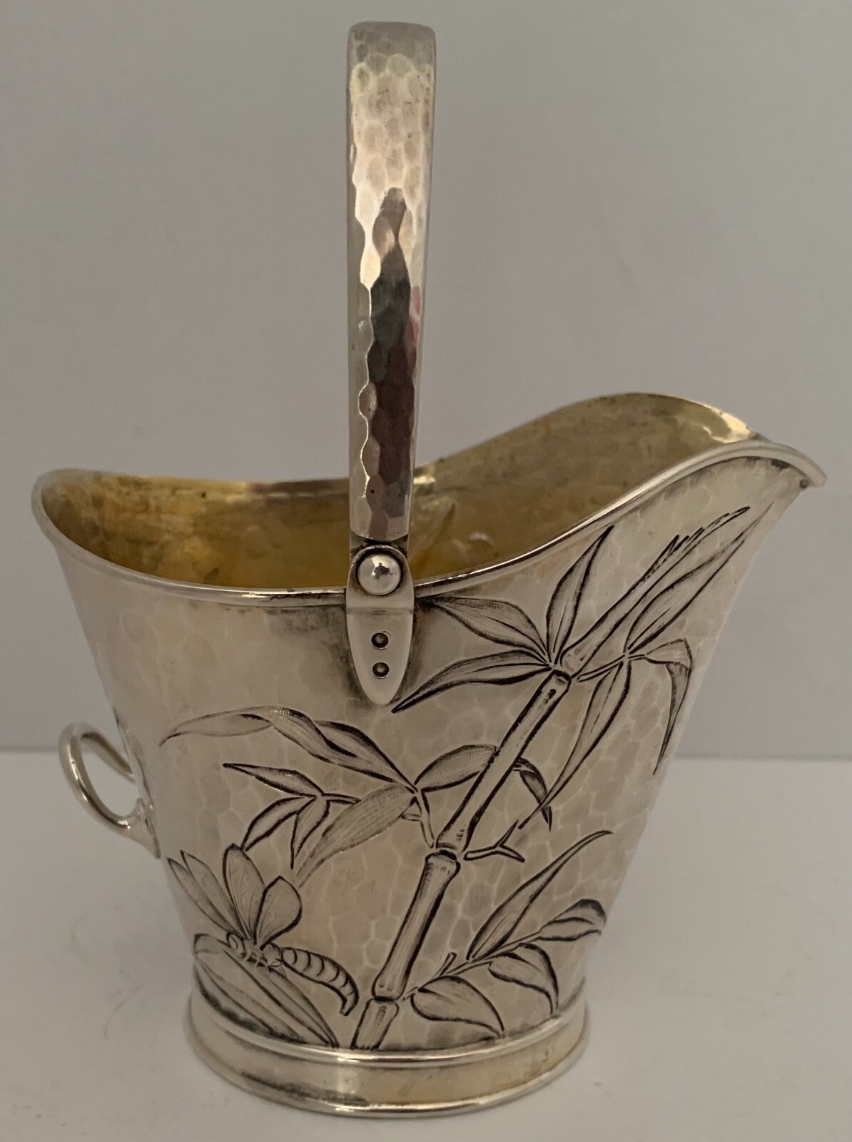 WHITING AESTHETIC STERLING COAL SCUTTLE BUCKET CREAM PITCHER CHASED BIRD & BUG
