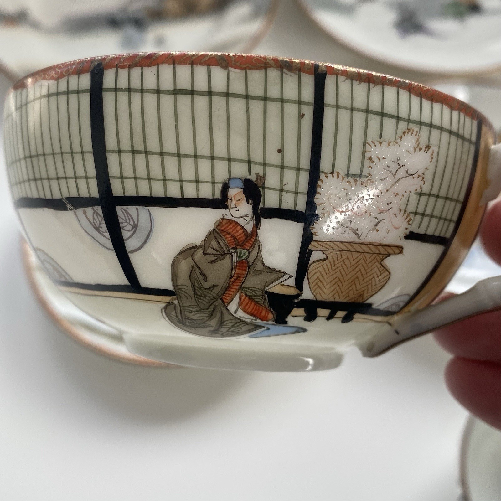 Yokohama ware 2x Cup,saucer & Side Plate Bone china, Chushingura Or 47 Ronin Set