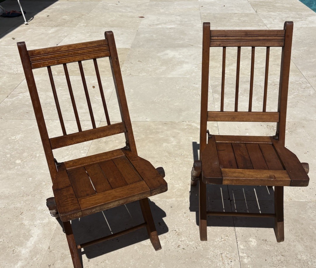 Pair MCM Wooden Folding Childs Chairs Simmons Company Slat Seat And Spindle Back