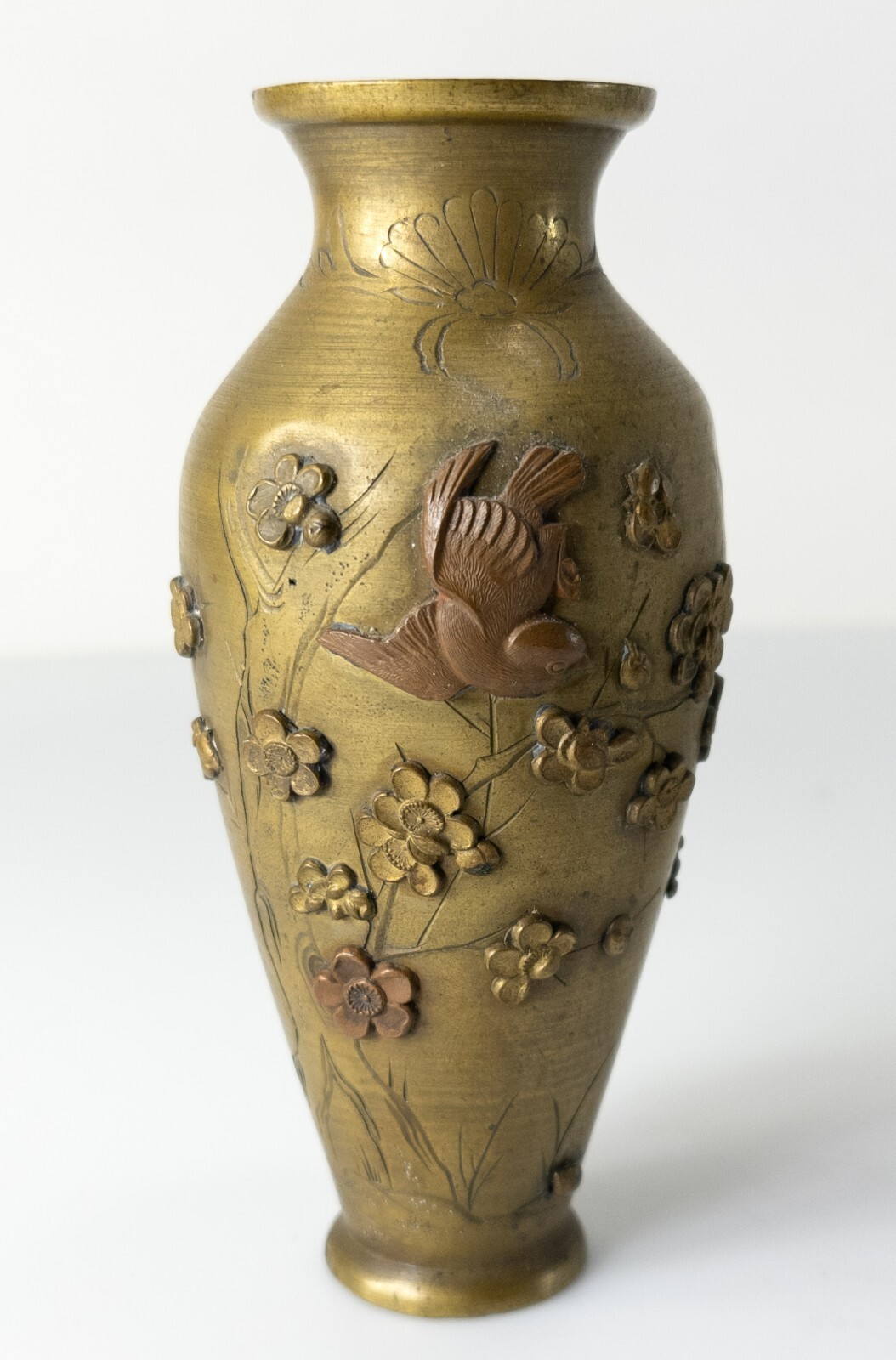 Antique Japanese Meiji Mixed Metal Engraved Vase with Prunus Flowers and Bird