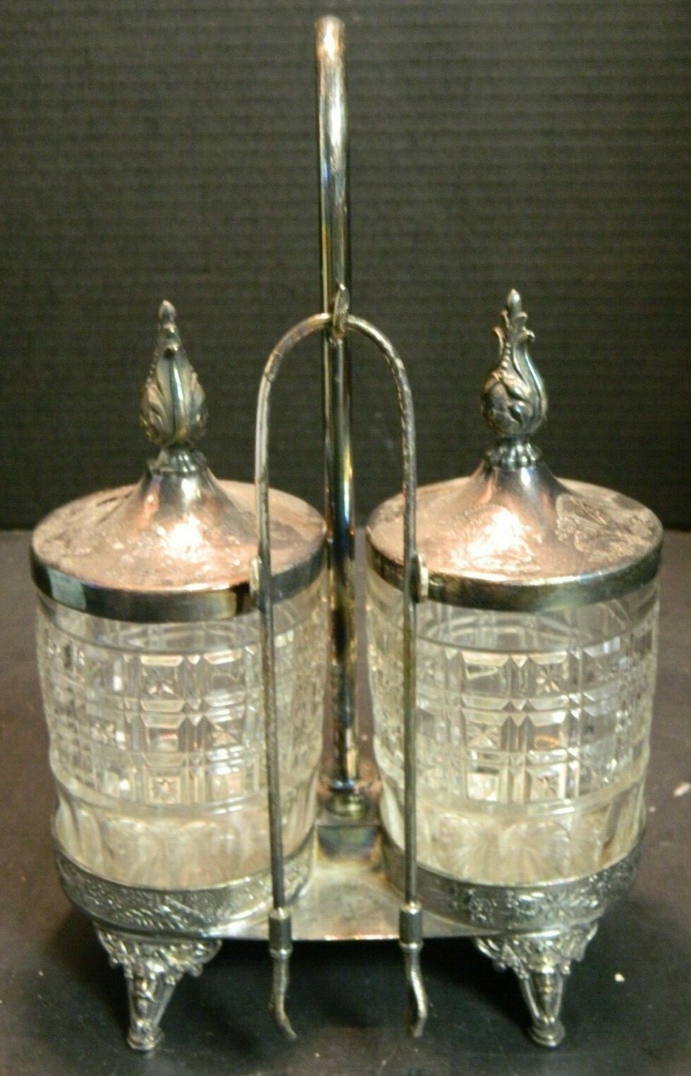 Antique Meriden Co. Silverplate & Glass Double Pickle Castor w/ Tongs Excellent