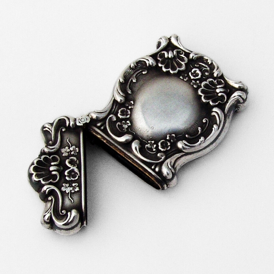 High Relief Match Safe Repousse Scroll Shell Sterling Silver 1900 Mono N
