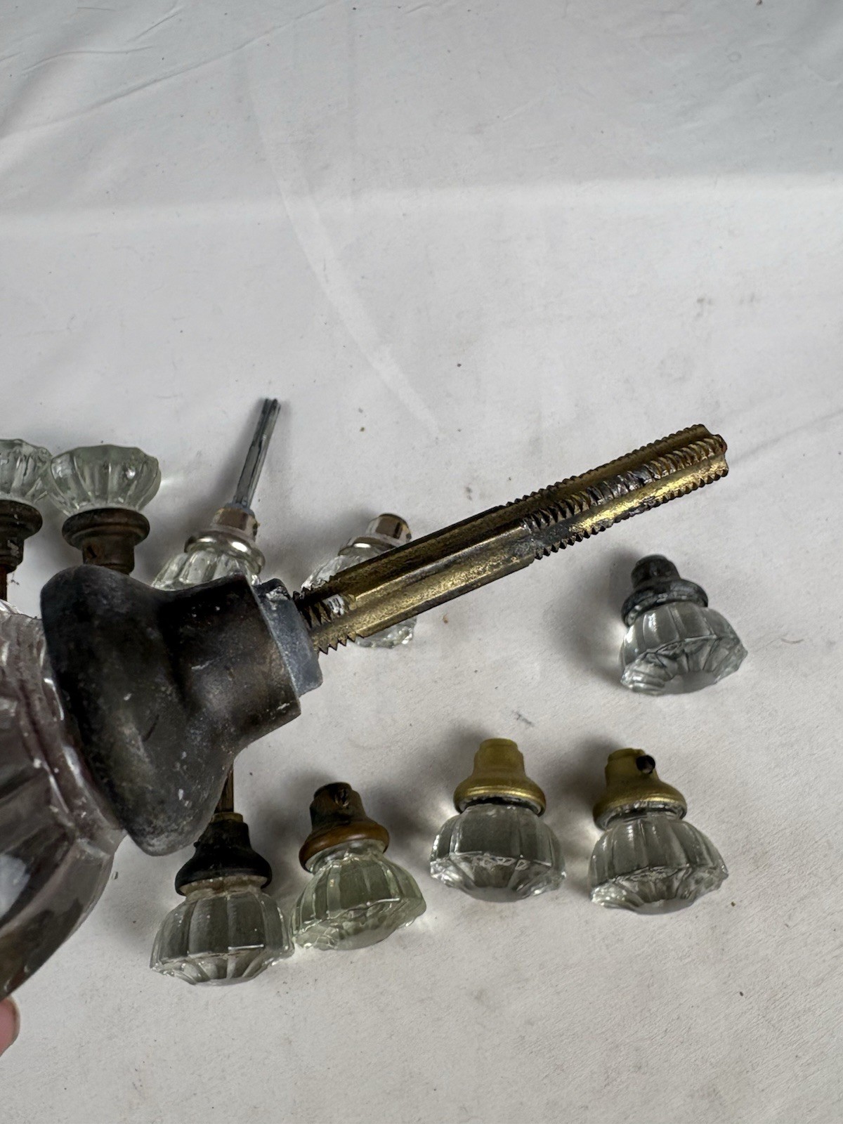 Lot Antique Pressed Glass Door Knobs w Spindles Mixed Finishes Brass Nickel Iron