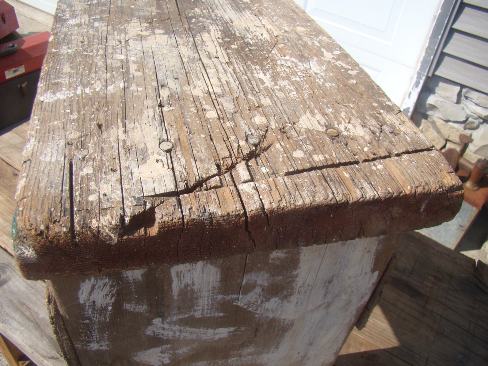 Antique Folk Art Wooden Stool / Bench Splatters of Old Paint Patina.