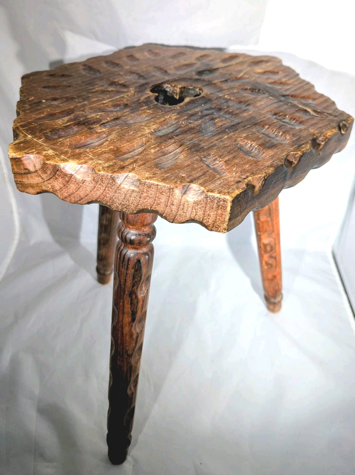 Vtg Milking Stool Spanish Colonial Hexagonal Hand-Carved Pine w/Clover, Tripod.