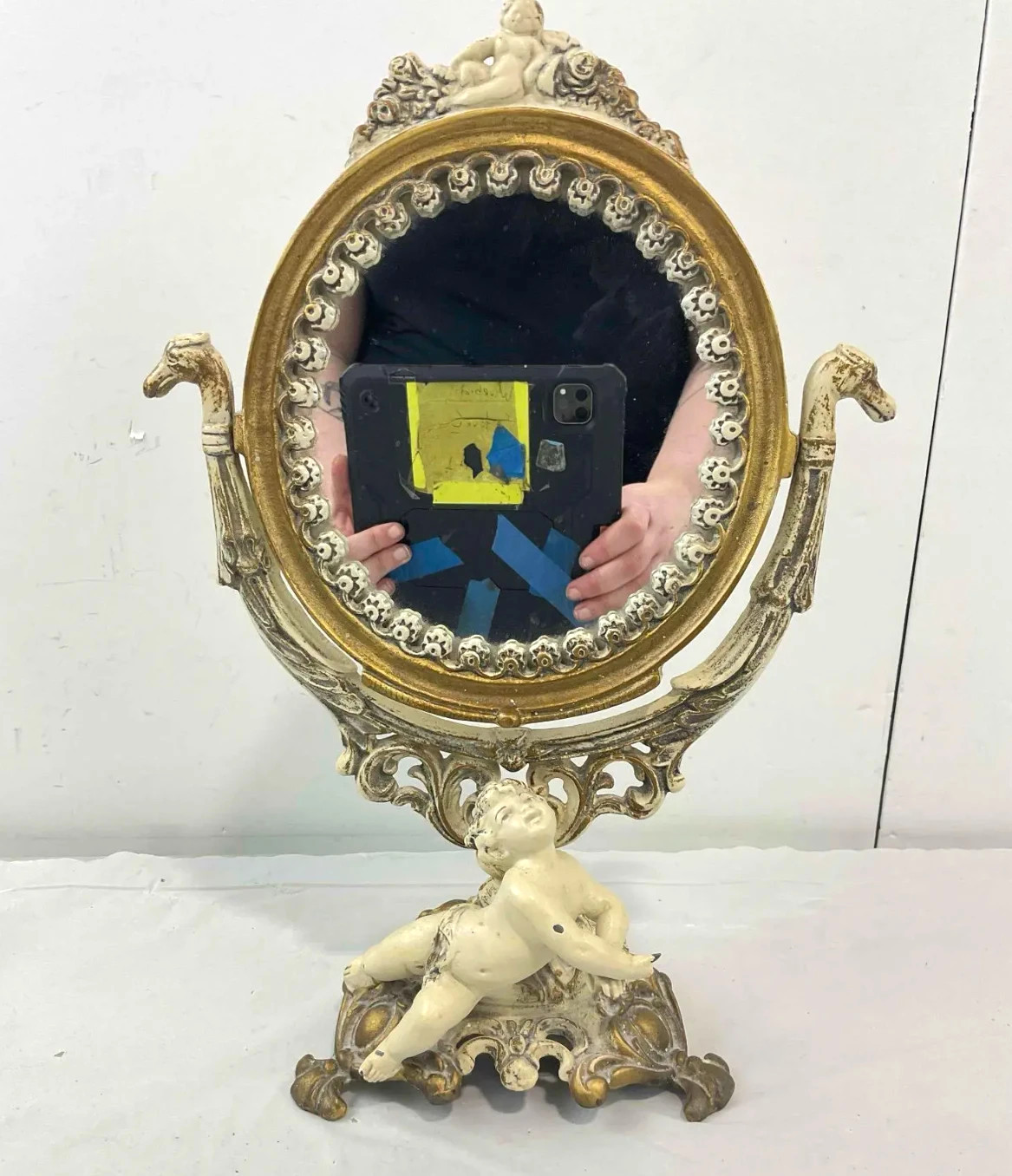 Vintage Vanity Mirror Cast Iron Art Swivel Victorian Heavy White Angel Ornate
