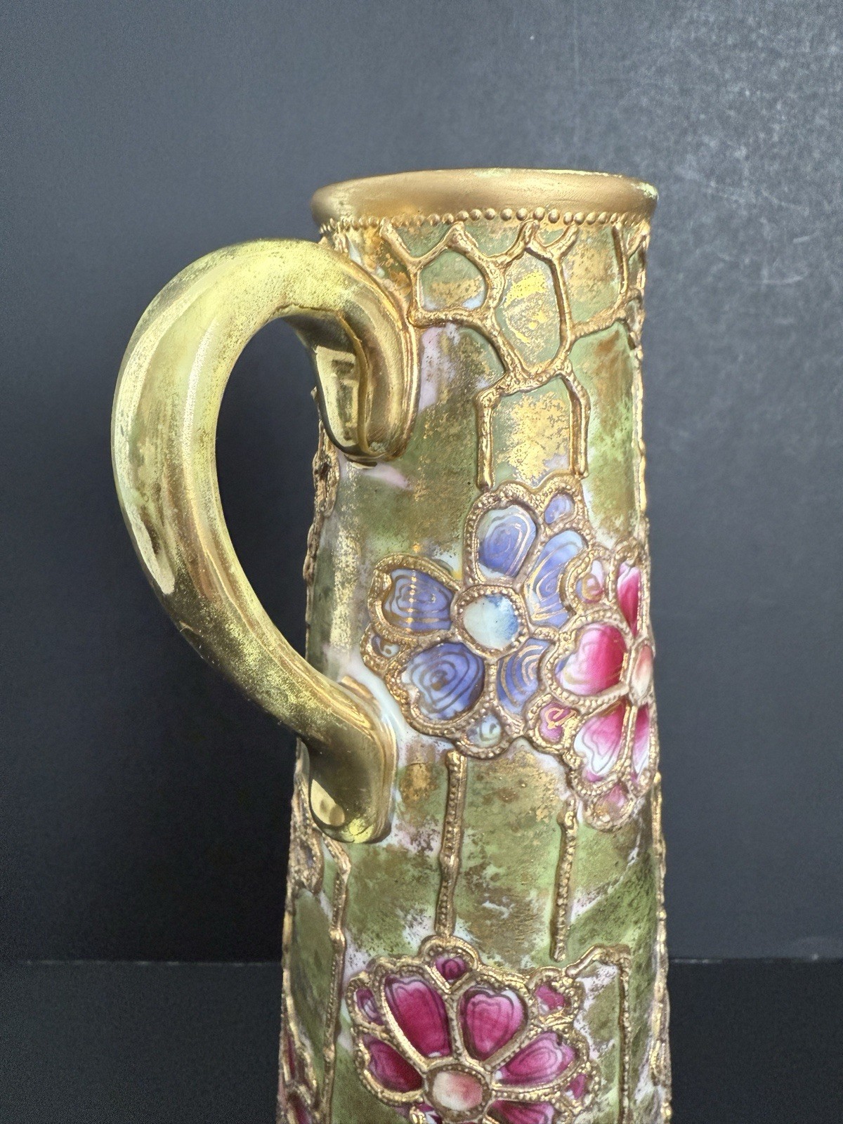 Rare Antique Nippon Hand Painted Raised Moriage Pitcher Vase Art Nouveau Style