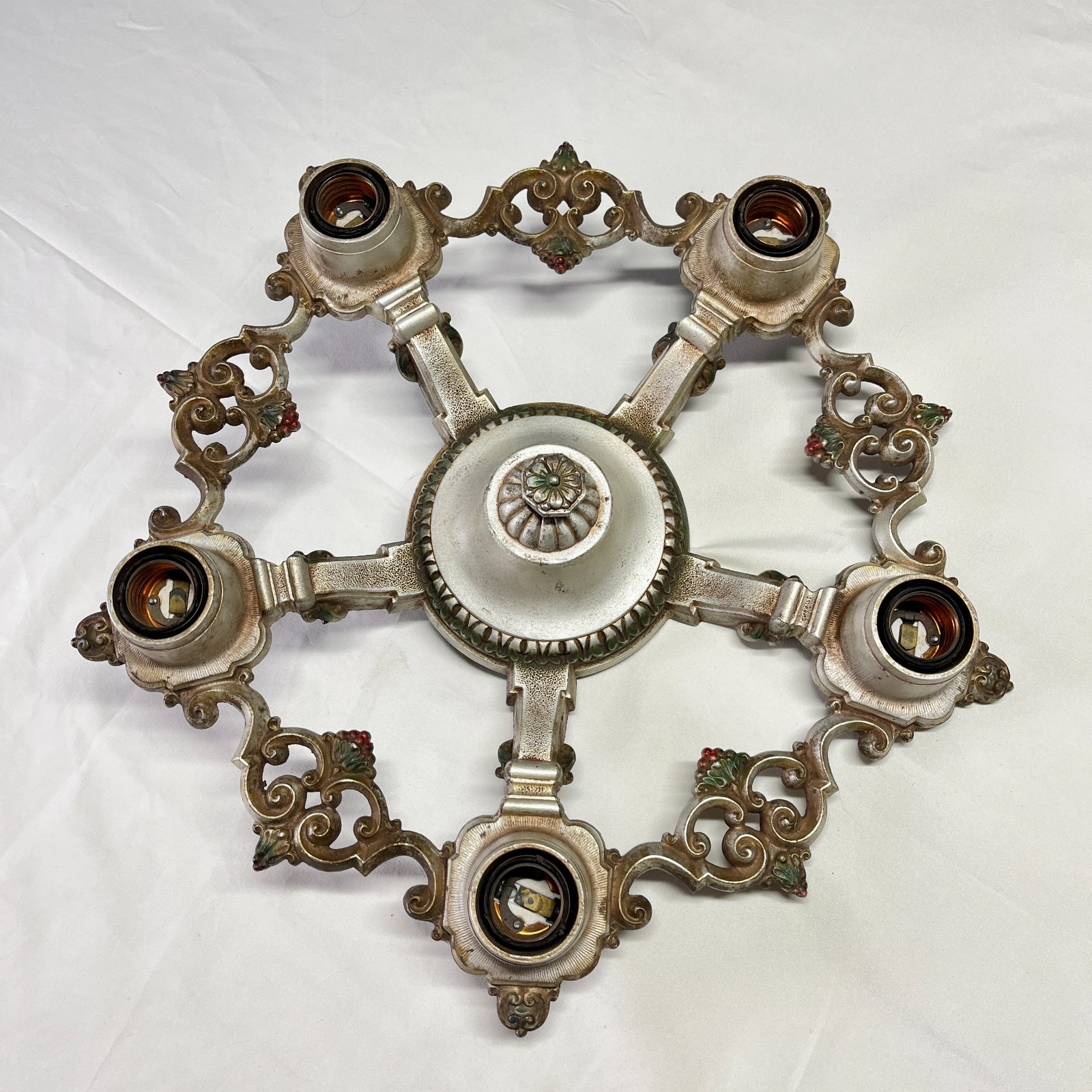 Antique Art Deco 5 Light Flush Mount Ceiling Fixture Cast Metal USA Repair