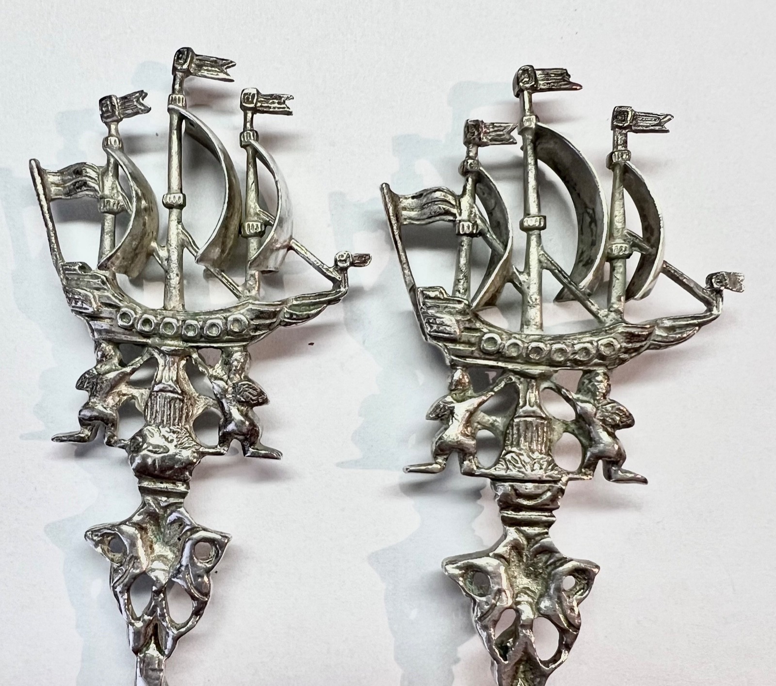 Pair Dutch silver figural handle Flying Dutchman Fluyt cargo ship pastry forks