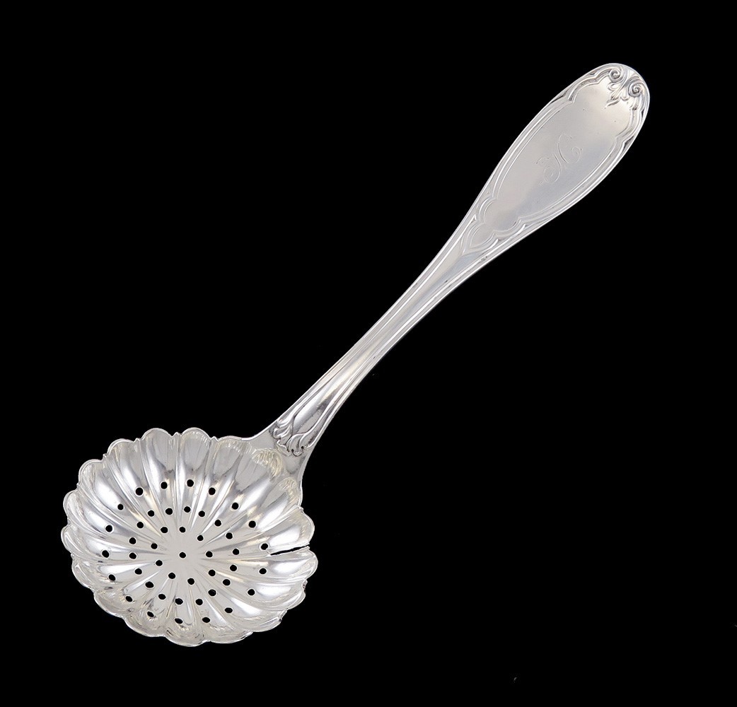 Antique 1848 Stebbins NYC American Coin Silver Strainer Pierced Ladle H Mono 8″