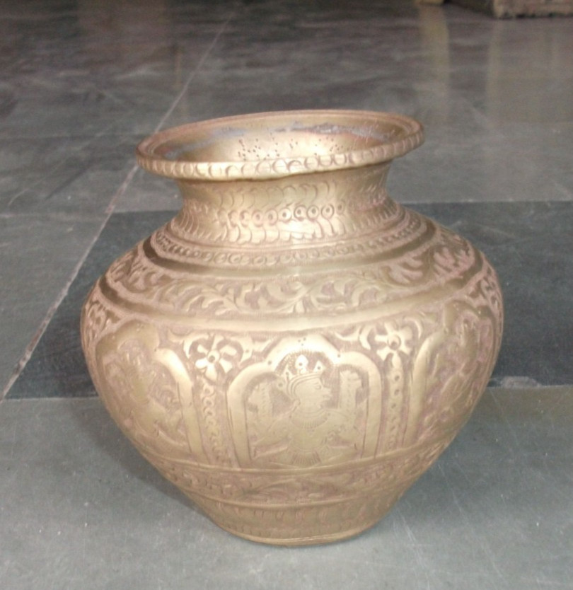 Vintage Brass Inlay Engraved Tribal God & Goddess Handcrafted Holy Water Pot