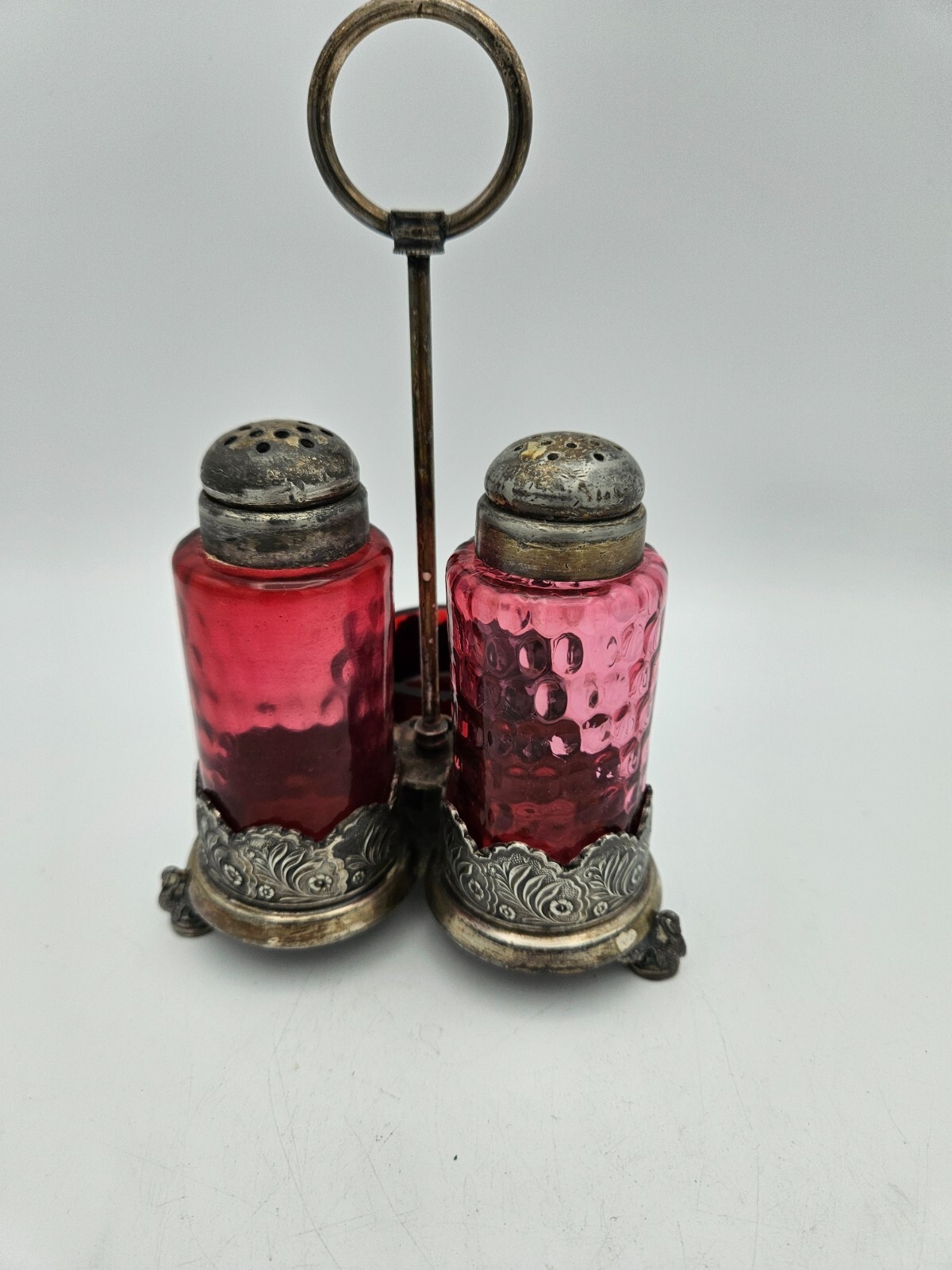 Victorian Rogers & Bro. Silver Plate Cranberry Glass Shakers & Salt Cellar 1800s