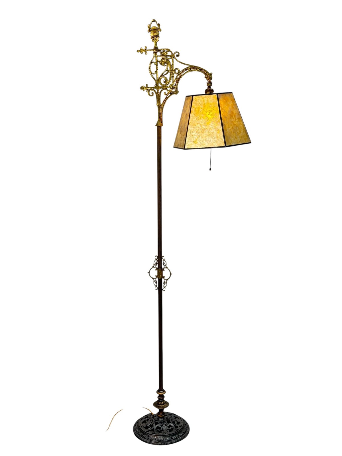 RESTORED Antique Floor Lamp with Cast Brass Top and New Golden Mica Shade #2637