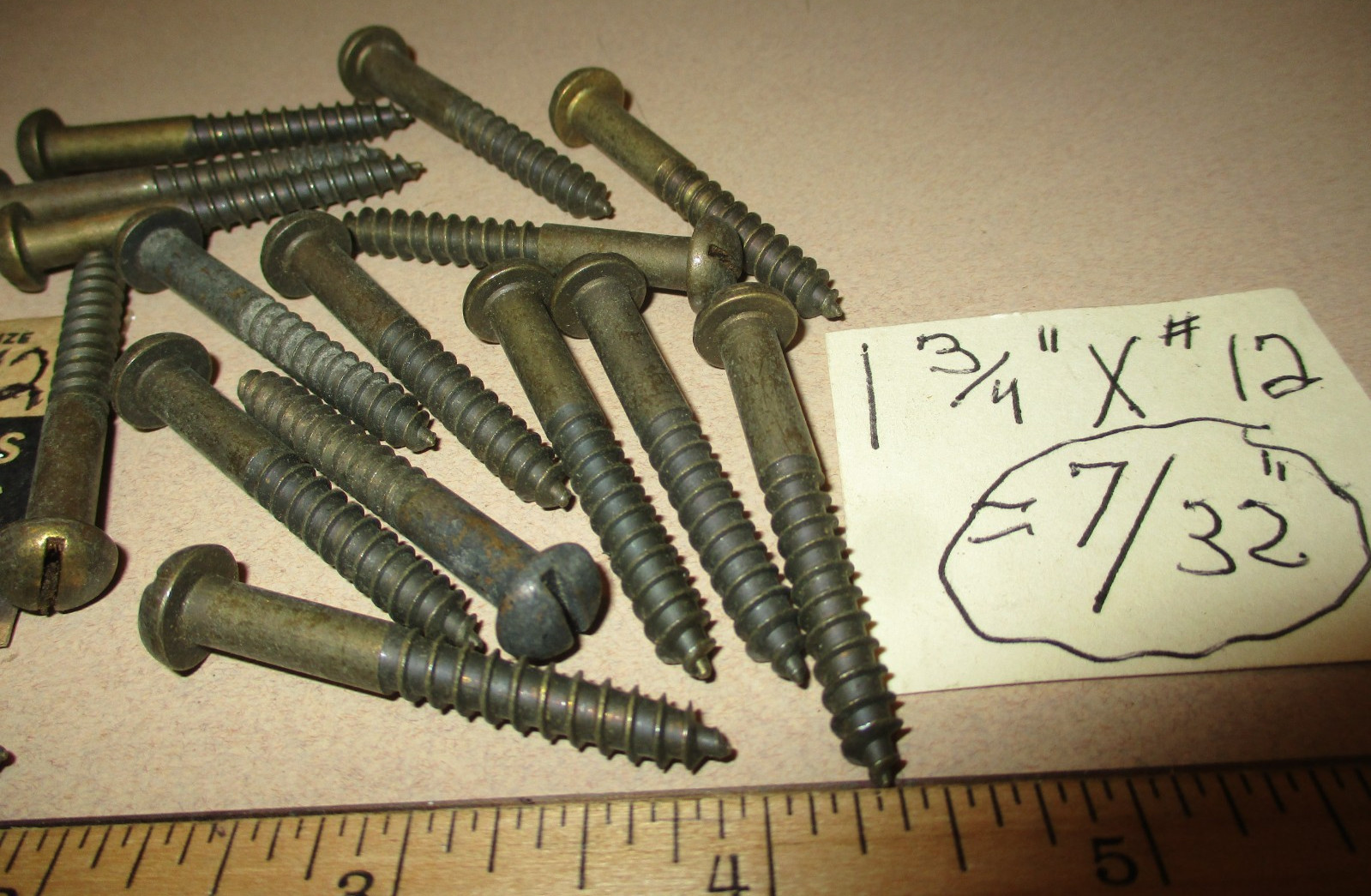 16-VINTAGE SOLID BRASS WOOD SCREWS WITH ROUND SLOT HEADS 1 3/4″ LONG X #12=7/32″