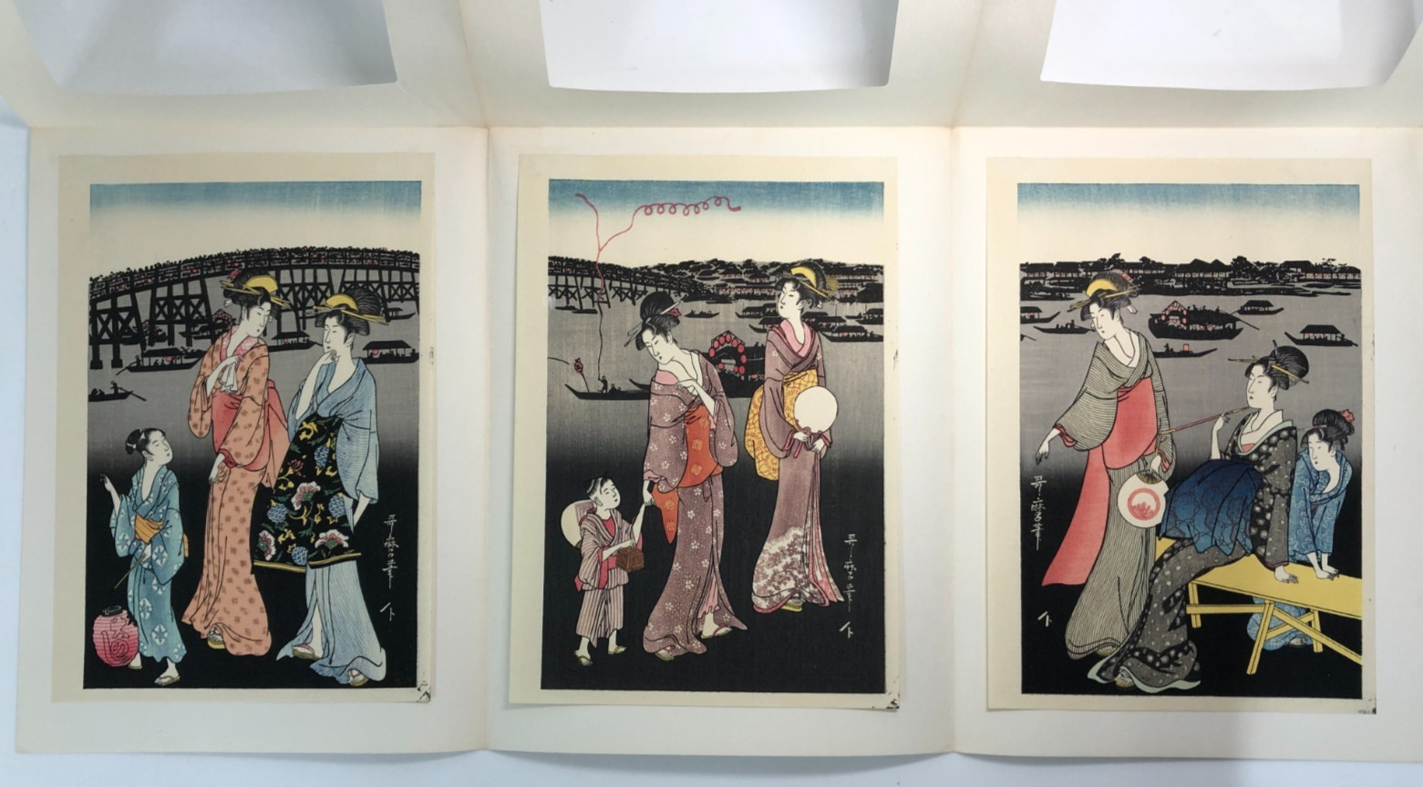 Utamaro Woodblock Reprint Triptych：Sumida River Coolness , Ukiyo-e, Beauty