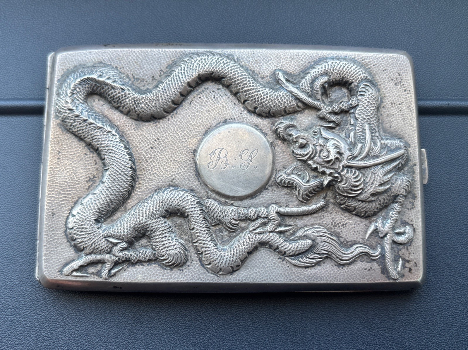 ANTIQUE 3D DRAGON SOLID SILVER BUSINESS CARD HOLDER, R.Y INITIALS