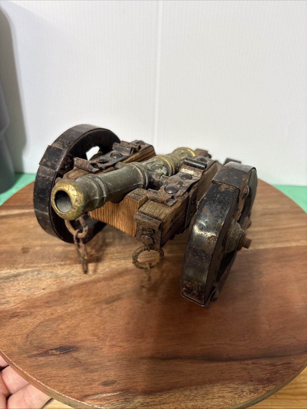 Vintage Spanish cannon replica wood base and copper cannon and steel studs