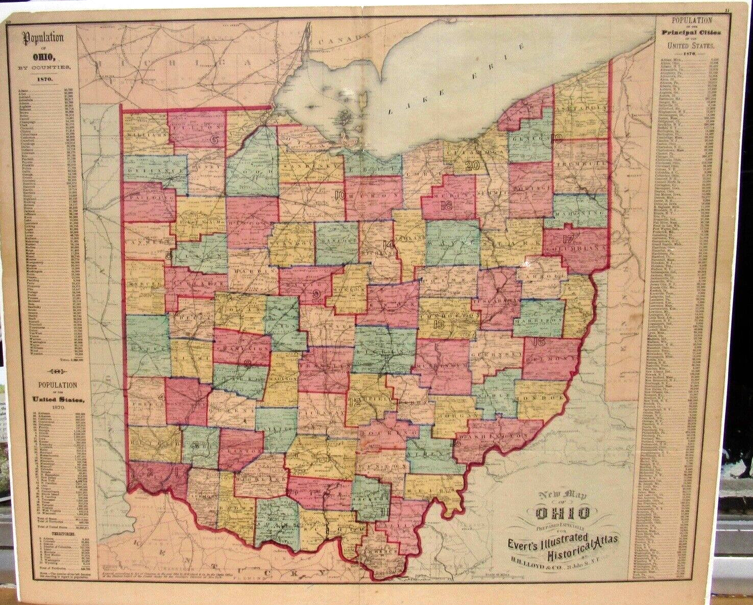 OHIO EVERTS HISTORICAL ATLAS 1866 HAND COLORED MAP 23 B7 27 INCHES