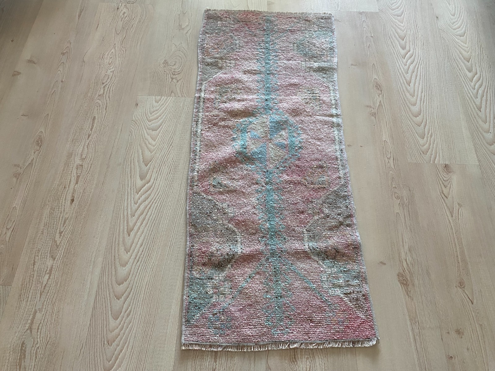 Vintage Turkish Small Rug 1.4 x 3.3 ft Handmade Wool Pastel Colors Carpet