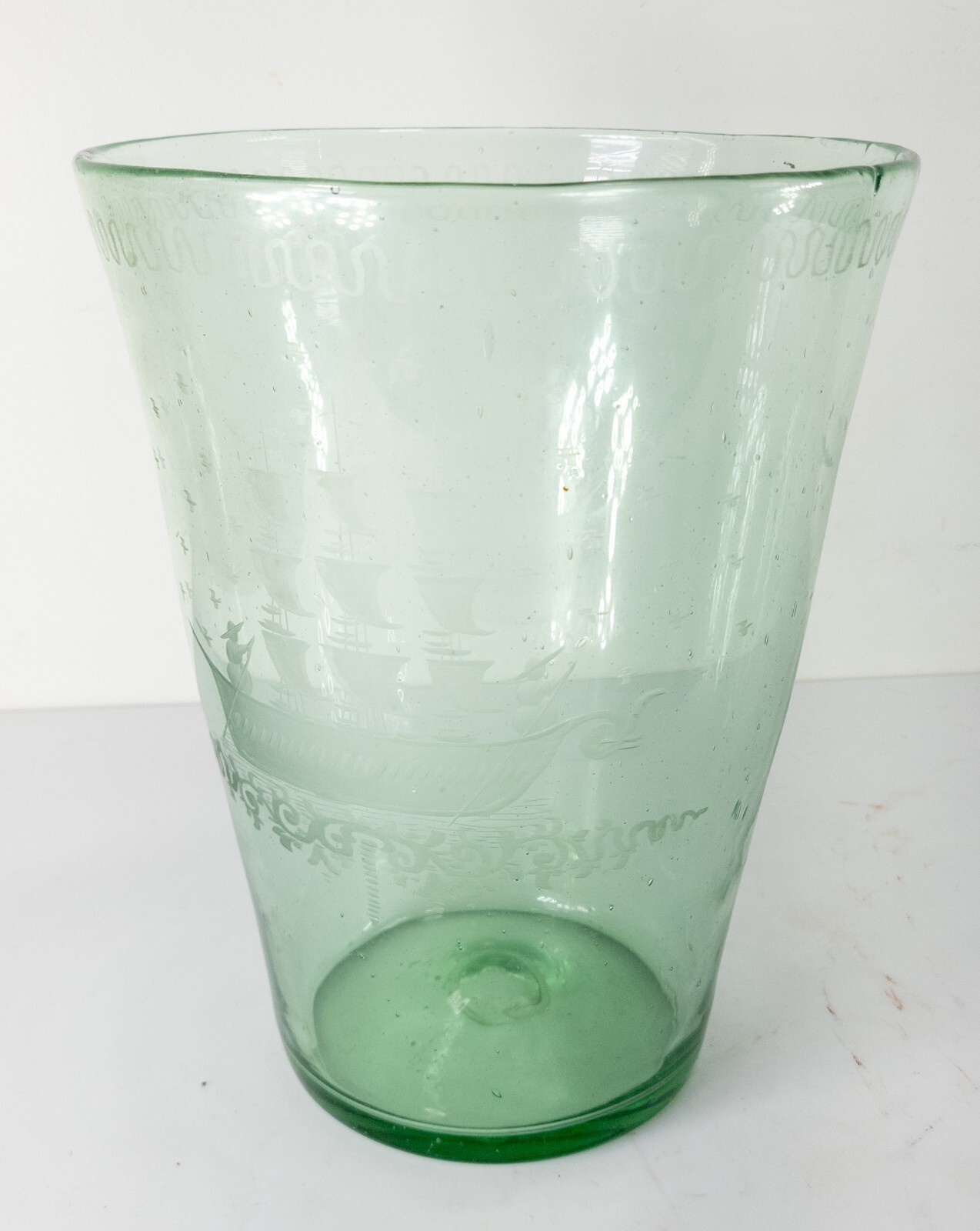 Antique 18th/19th C Large Etched Glass Beaker Vase with Tall Ship Hand Blown