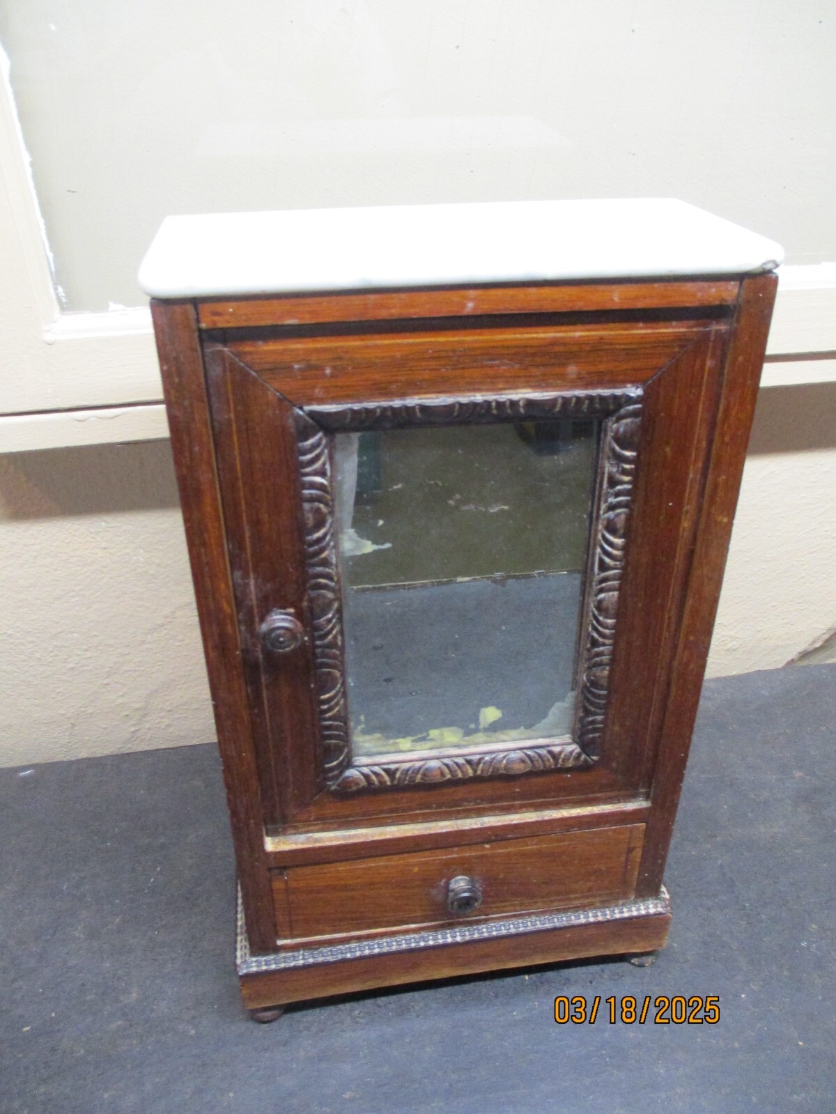Antique Doll Armoire French With Mirror Door/Drawer/Marble Top