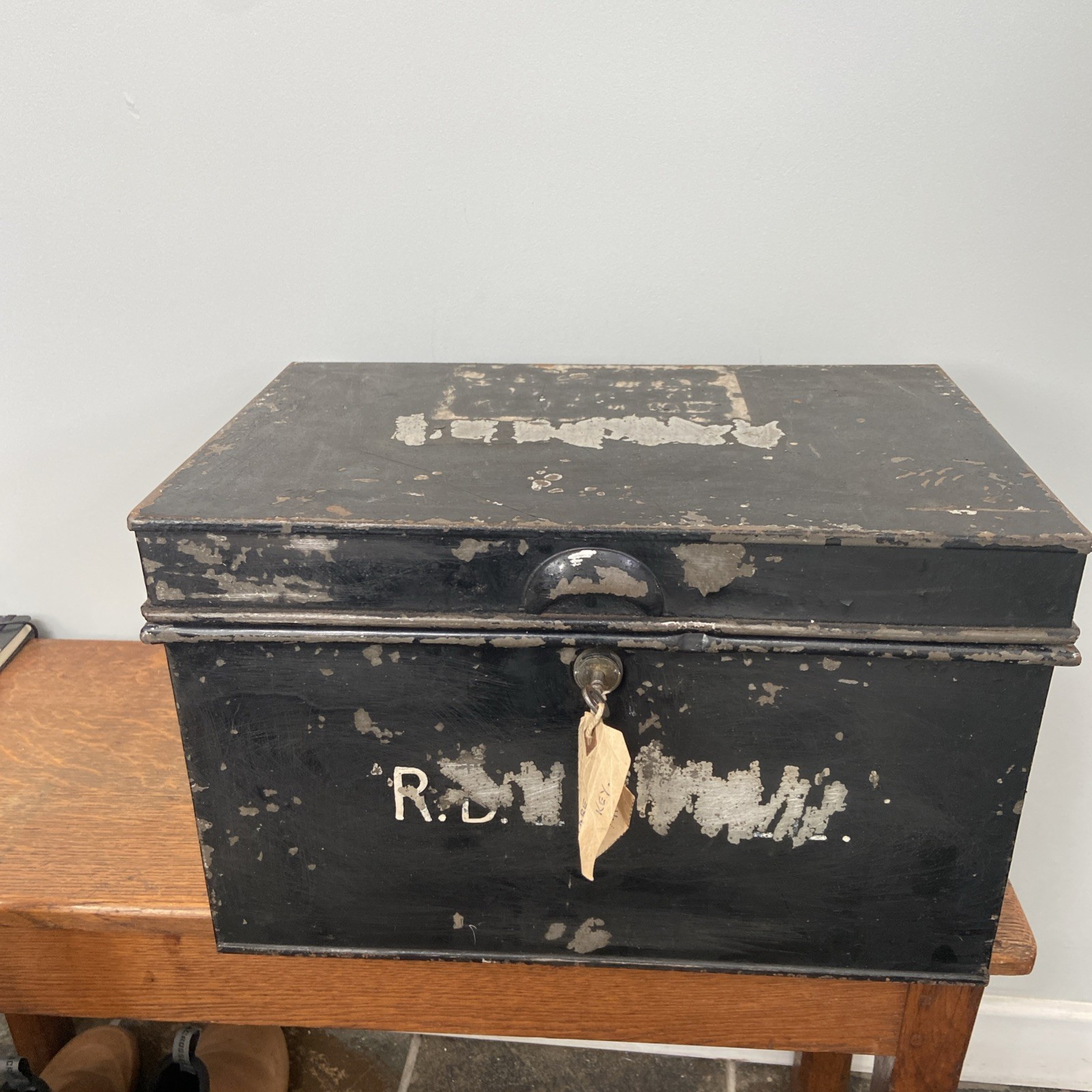Antique Steel Metal Deed Box Original Lock And Key 41cm Long 28cm Wide Black