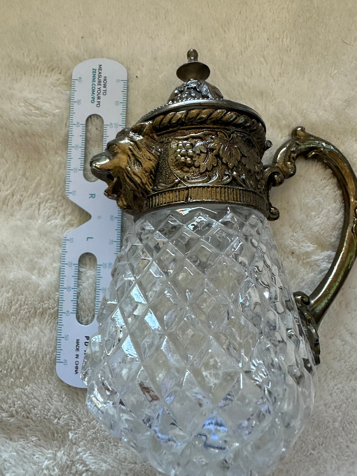 LEONARD WAFFLE Glass Silver tone Lion Head Syrup Creamer Pitcher Diamond mer1