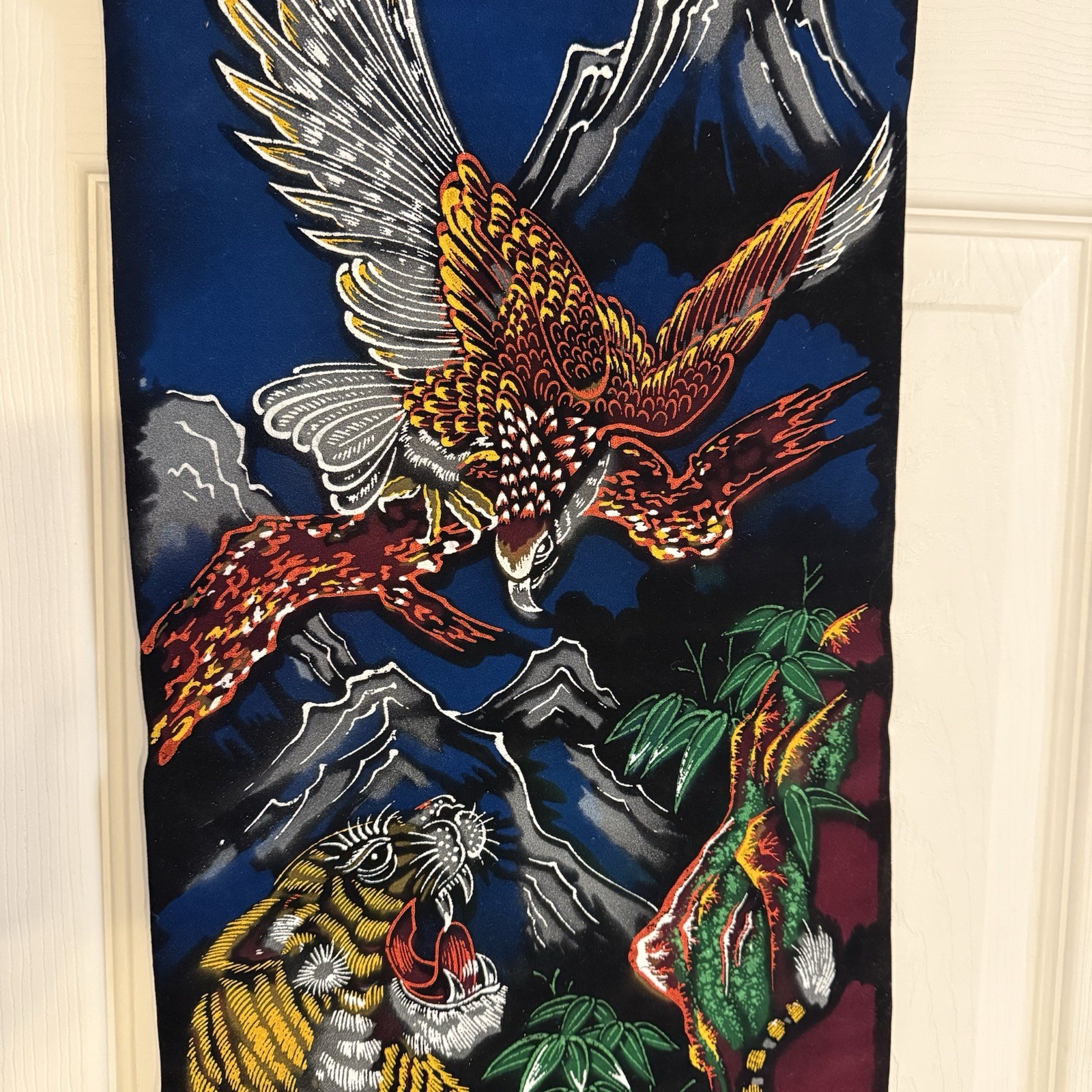 Vintage Painted Tiger Eagle Wall Scroll Black Velvet Hanging Japan Painted 32 In