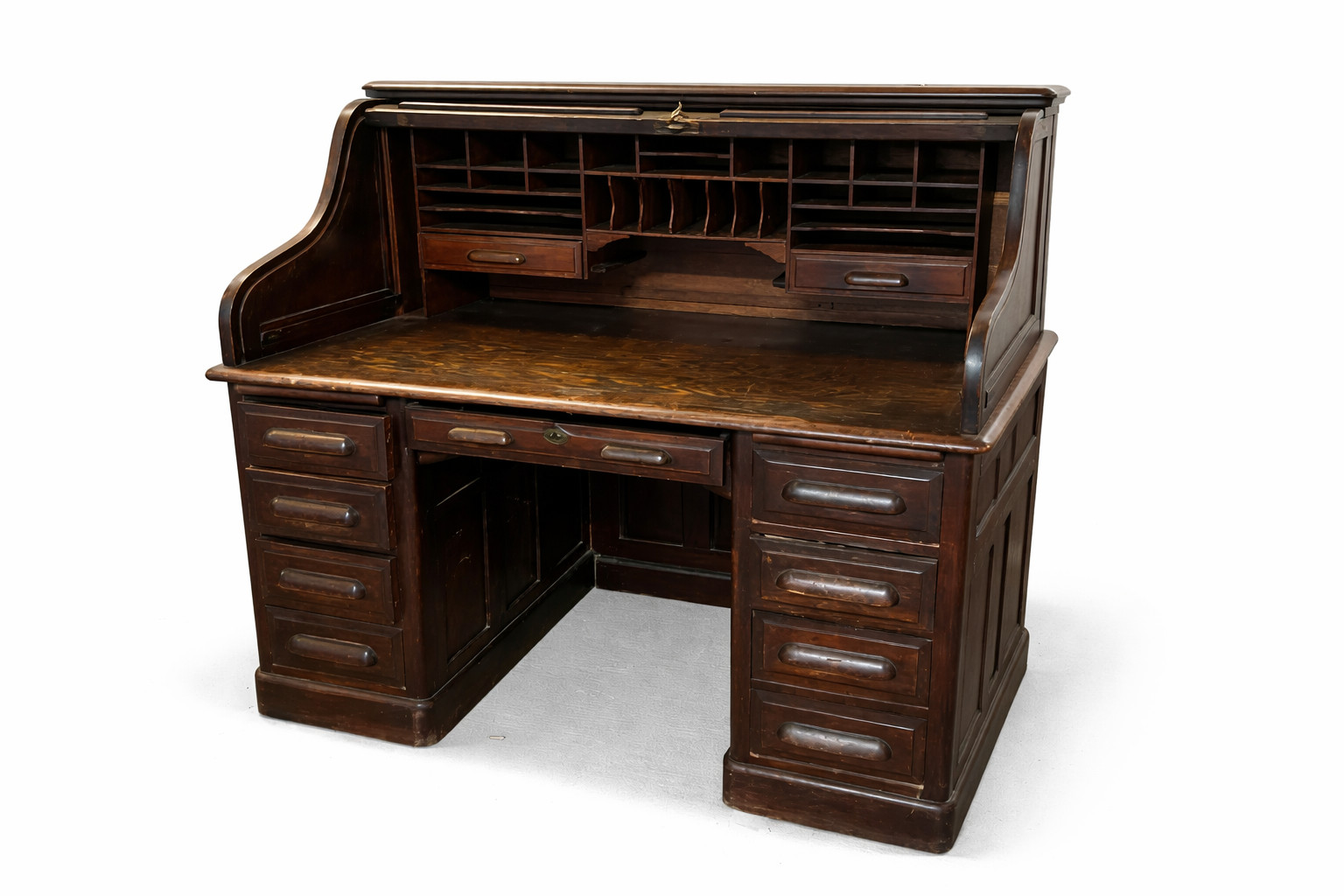 Antique Solid Wood Pedestal Office Desk w/ Gallery McCoy Desk– Dark Waln