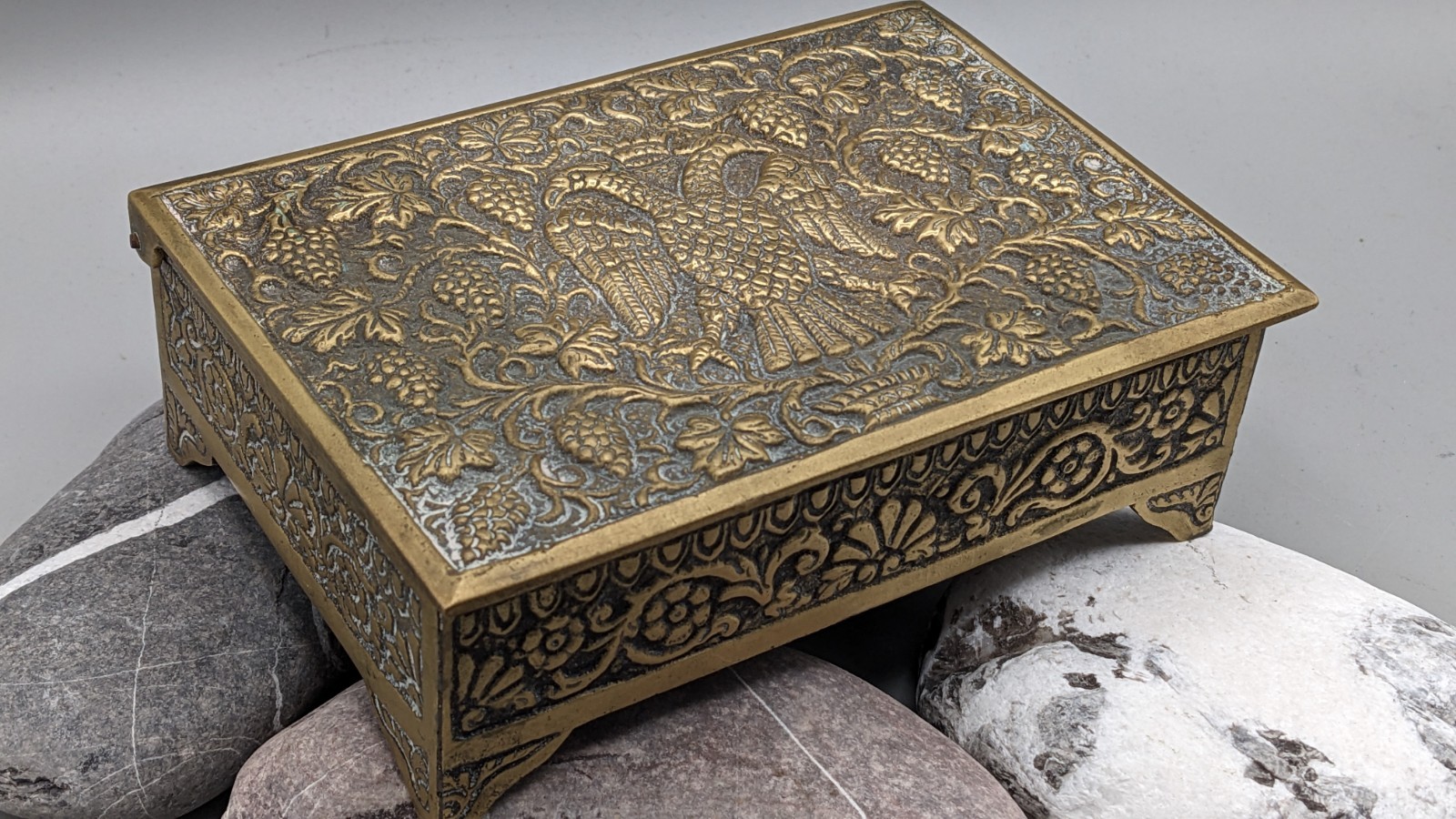 Antique Late 19thC Greek Brass Box w/ Byzantine Eagle & Maker’s Mark M.P.