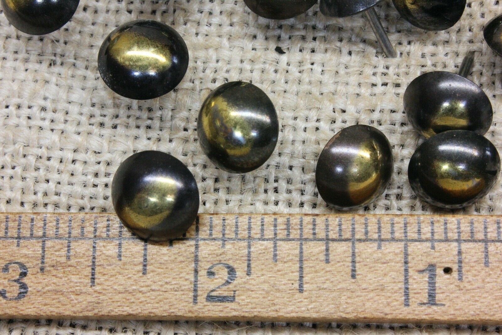 50 Old Antique Brass Color Tacks 7/16” Diameter Upholstery Nails Round Vintage