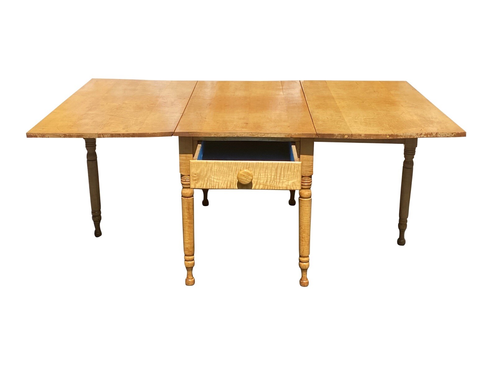FEDERAL STYLE TIGER MAPLE GATELEG DINING TABLE WITH BOLD GRAIN AND LARGE DRAWER