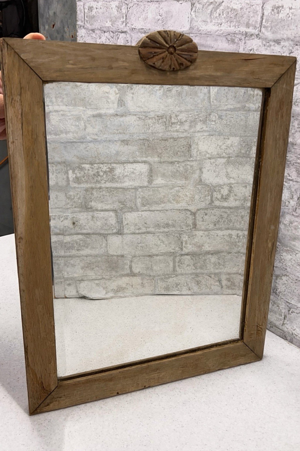 Antique 1900s Wall Mirror American Edwardian Beveled Glass Ornate Rosette Wood