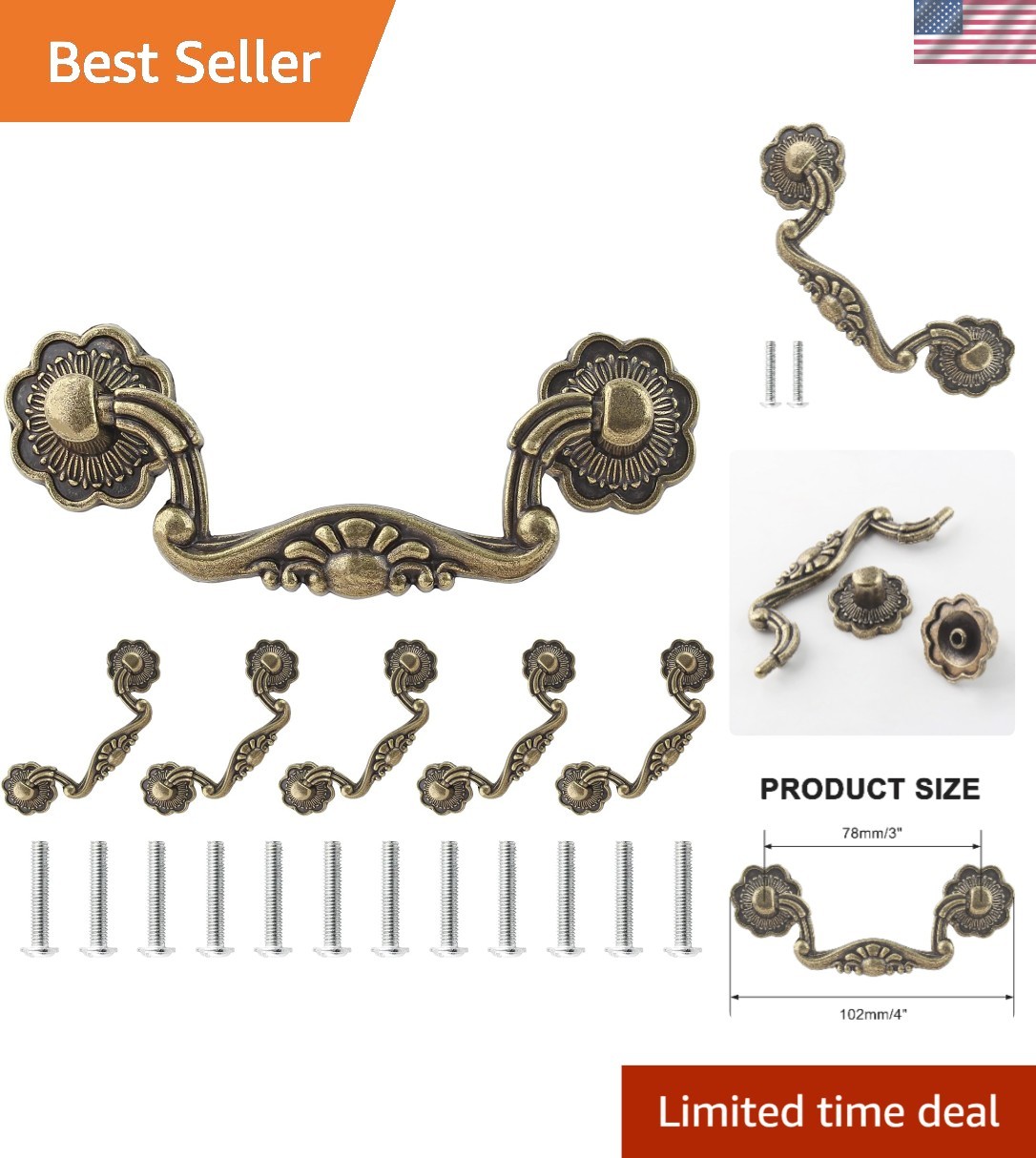 6 Vintage 3 Inch Bail Drawer Pulls – Antique Bronze Cabinet Handles, 4″ Total
