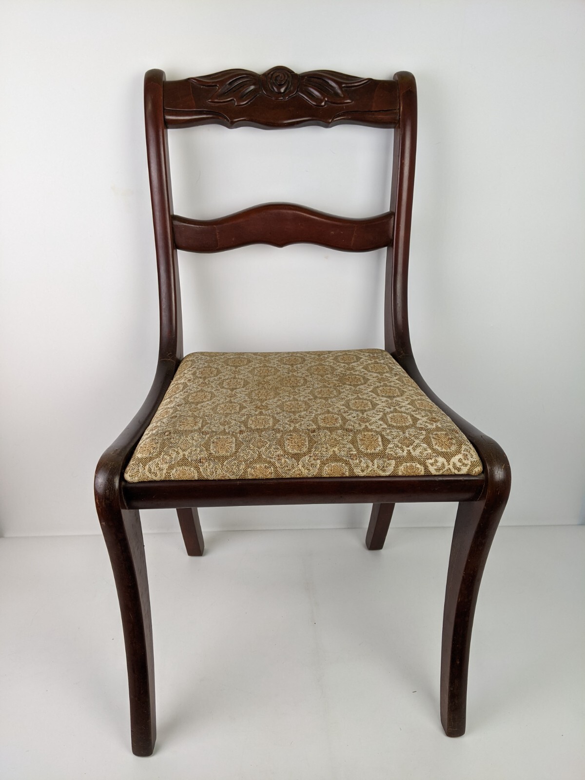 Antique Victorian Era Mahogany Empire Side Chair Carved Floral Fabric Set