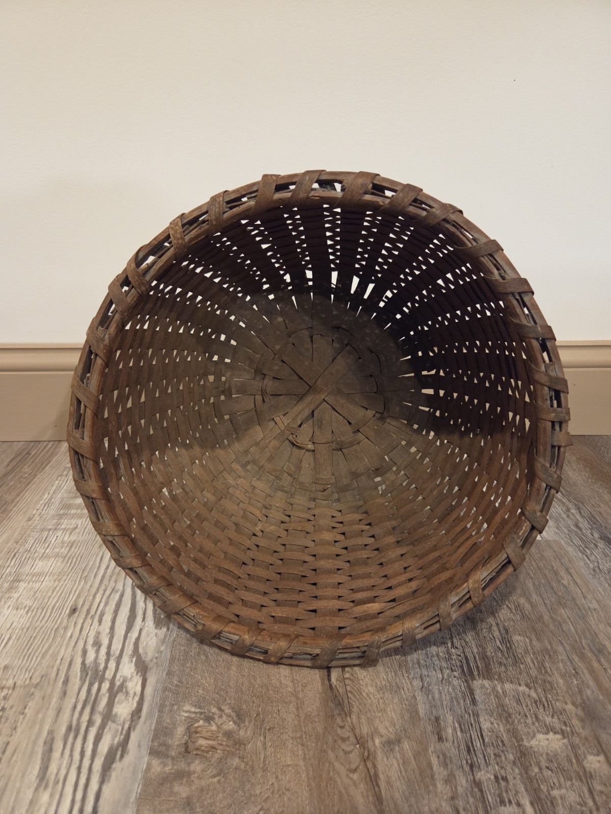 Antique Primitive Handwoven Splint Gathering Basket 13.5″ Dark Patina Rustic