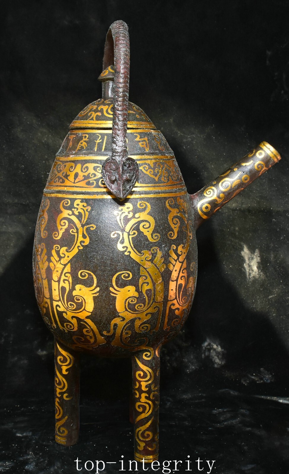 12.5” Old China Bronze Ware Gilt Phoenix Phenix Portable Wine Tea Pot Flagon