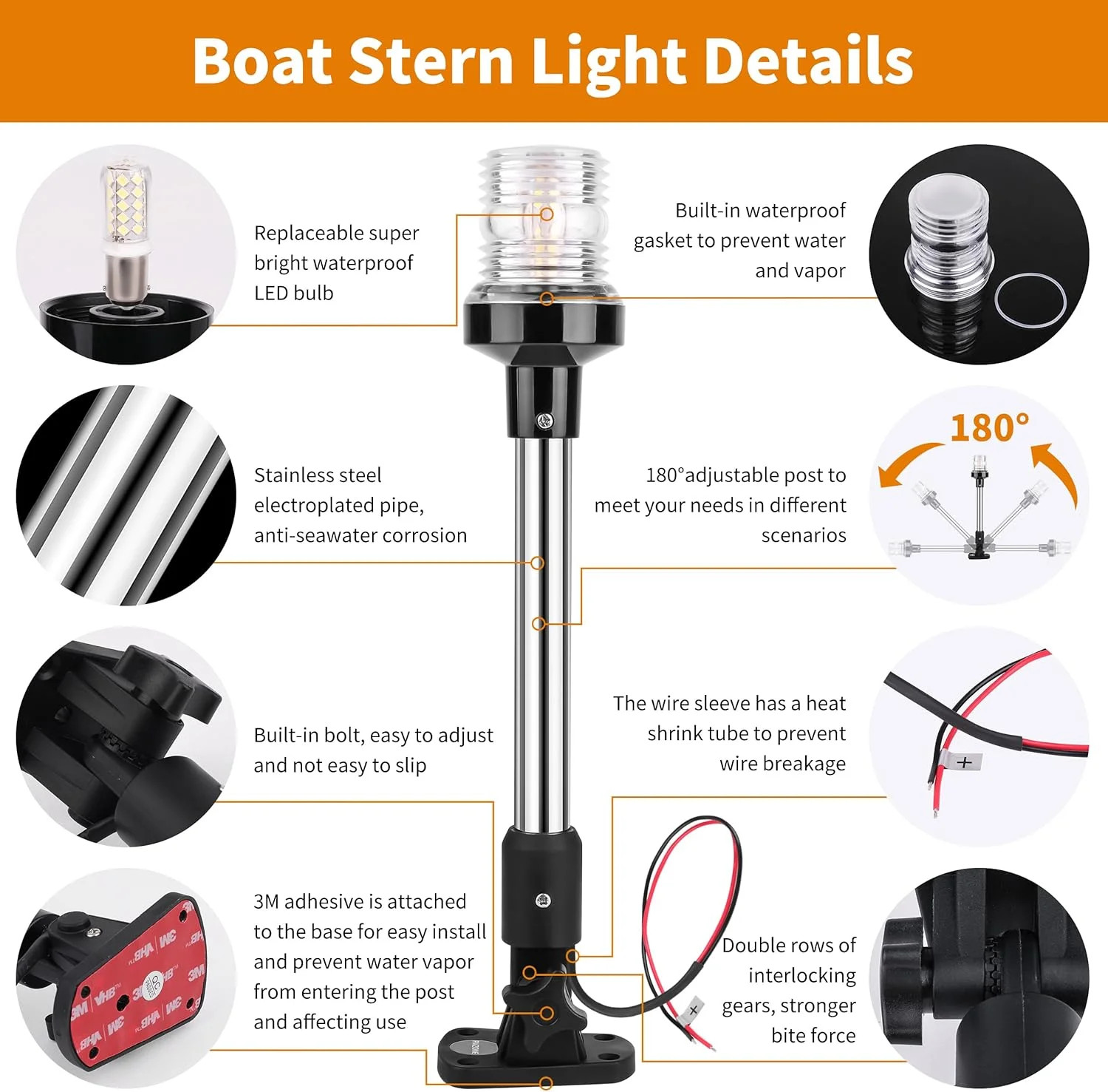 12 In Bimini Navigation Anchor Light for Pontoon Boat – Fold Down LED IP67