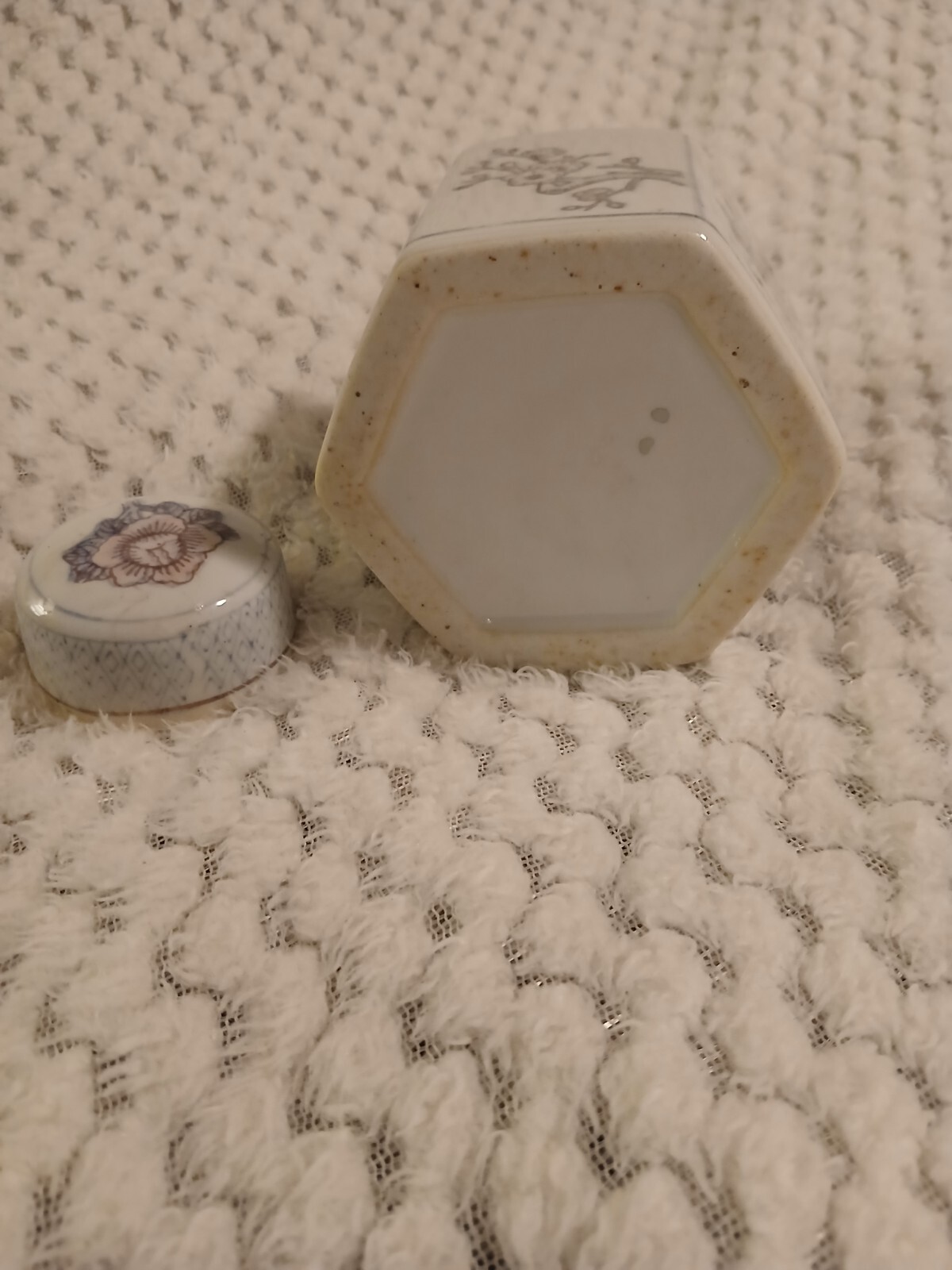 Vintage Rose Blue White Pink Hexagon Ginger Jar