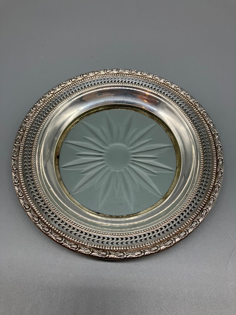 LARGE FRANK M WHITING & CO STERLING SILVER AND CUT GLASS BOTTLE COASTER