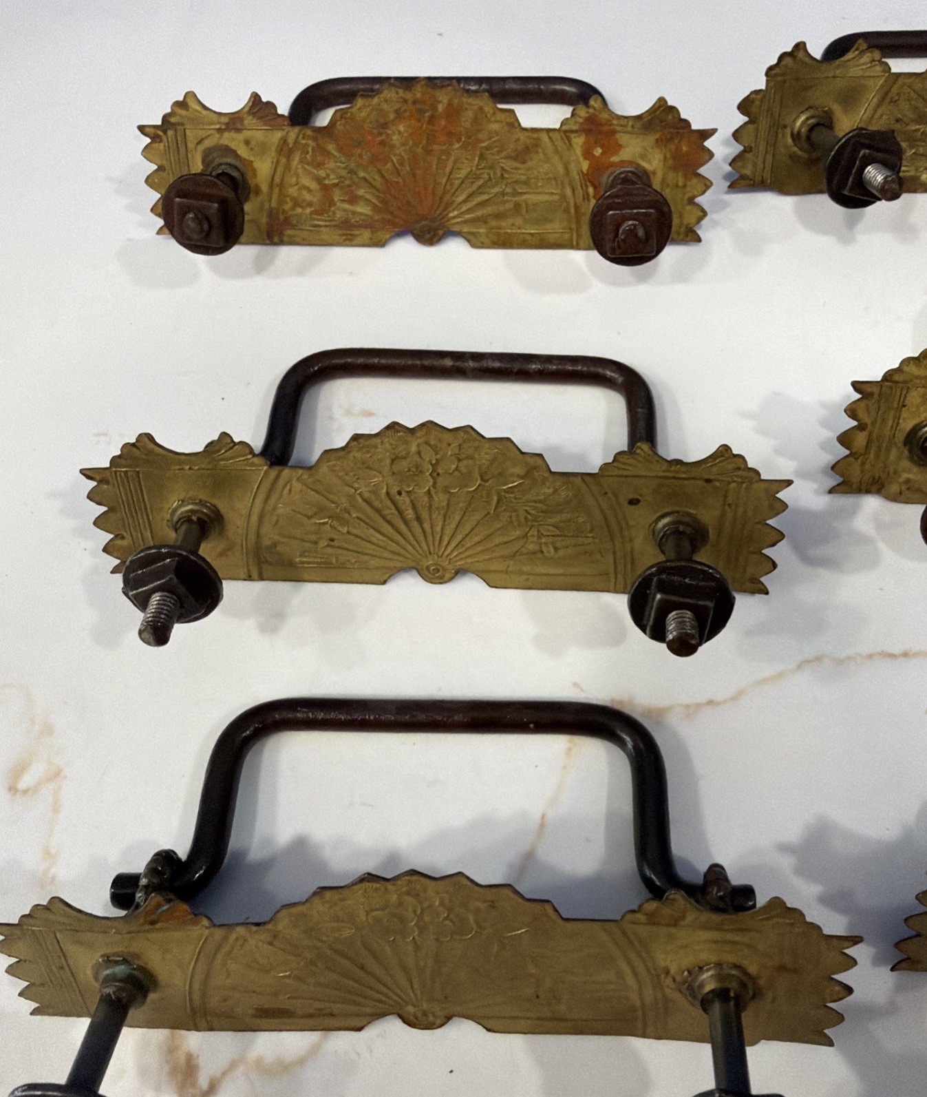 Set of 6 Eastlake VTG Stamped Brass Escutcheon Flower Fan Design Steel Bail Pull